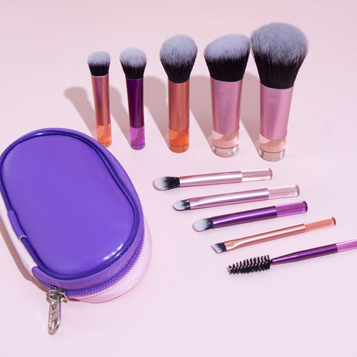 10-Piece Mini Makeup Brush Set with Crystal Handles and Travel Pouch for Beginners