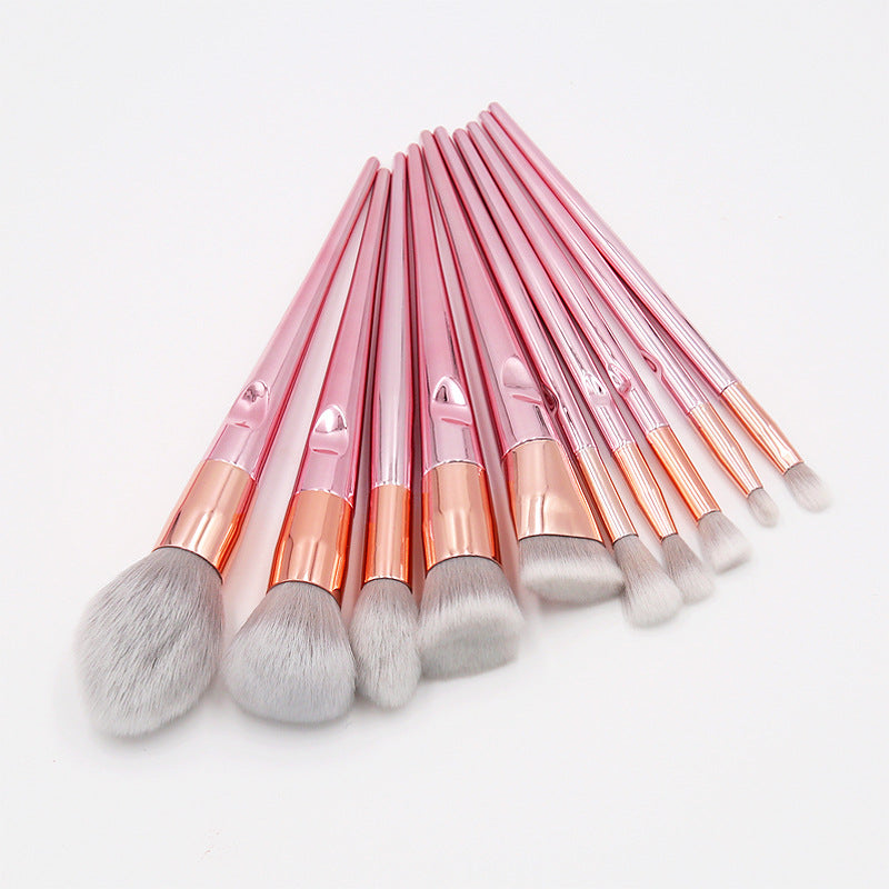 10-Piece Makeup Brush Set with Thumb Grip Large Powder Brush and Holographic Travel Pouch