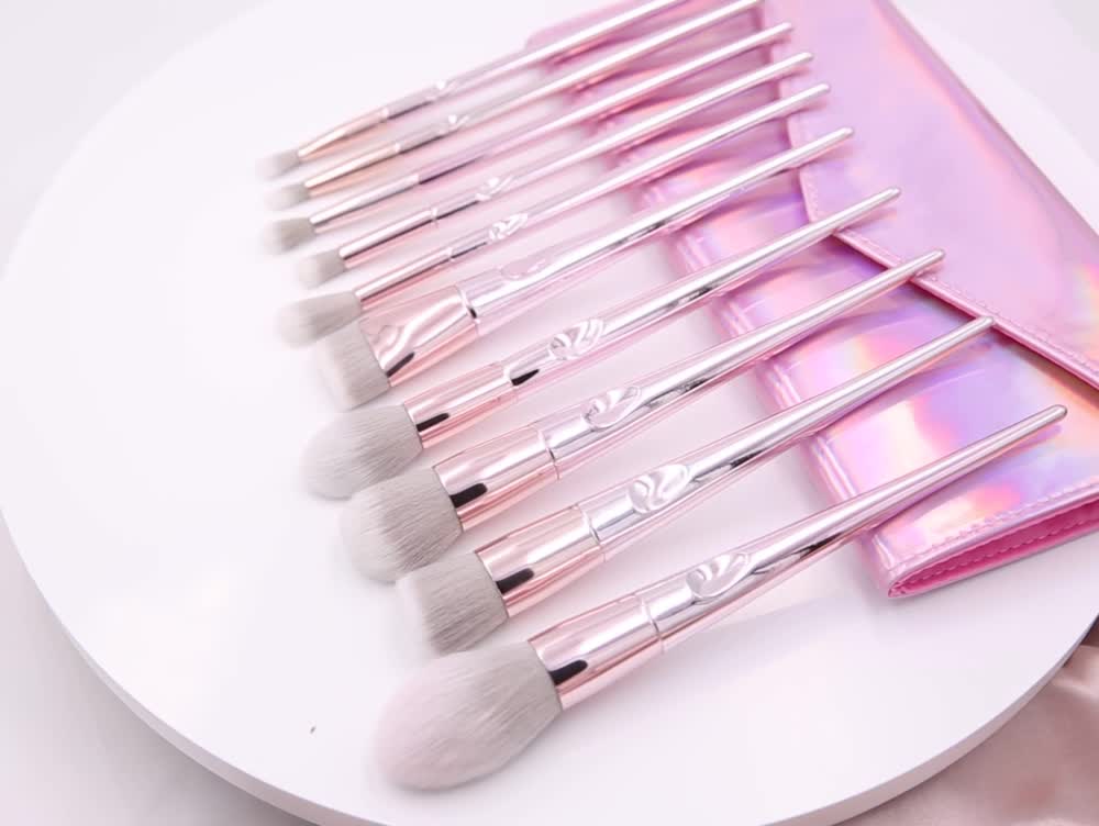 10-Piece Makeup Brush Set with Thumb Grip Large Powder Brush and Holographic Travel Pouch