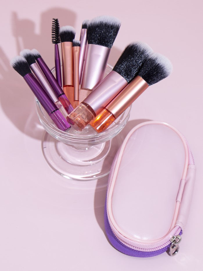 10-Piece Mini Makeup Brush Set with Crystal Handles and Travel Pouch for Beginners