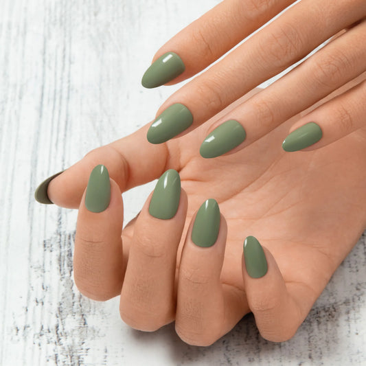 Olive Green - Medium Almond Cosverra Press On Manicure