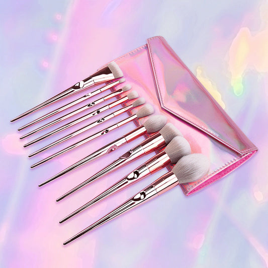 10-Piece Makeup Brush Set with Thumb Grip Large Powder Brush and Holographic Travel Pouch
