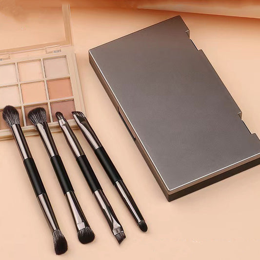4-Piece Dual-Ended Eye Makeup Brush Set with Mirror Case Portable Eyeshadow and Eyeliner Brushes